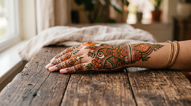 Intricate floral henna pattern adorning woman hand resting gently upon rustic weathered wooden table surface with decorated detailed floral designs resting textured