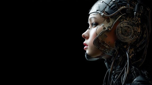 Female humanoid robot portrait with futuristic artificial intelligence technology, advanced android face, digital innovation concept, cybernetic machine, modern ai assistant, high tech robotics, dark 