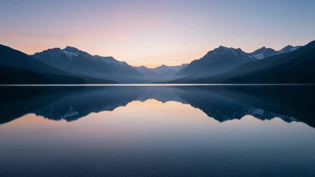 Calm lake reflecting snowy mountain range at dawn with pastel sky