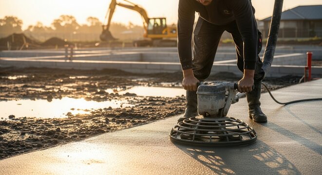 Construction Worker Smoothing Freshly Poured Concrete With Power Trowel At Sunrise