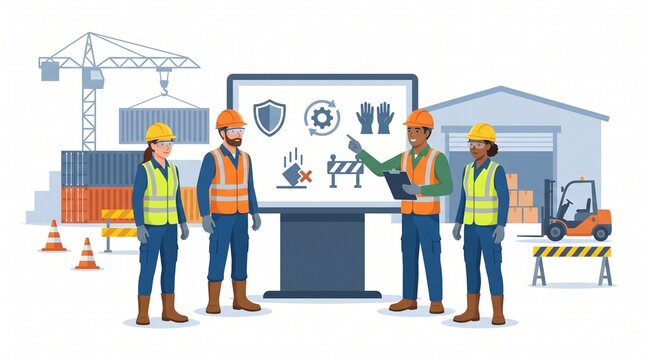 Industrial Safety Meeting Illustration Showing a Safety Professional Leading a Daily Toolbox Talk with Workers Discussing PPE Usage, Hazard Control, Risk Assessment and Workplace Protection.