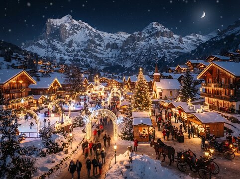 Enchanting Winter Holiday Village Scene at Night Featuring Illuminated Christmas Trees and Snow Covered Alpine Mountains Under a Crescent Moon