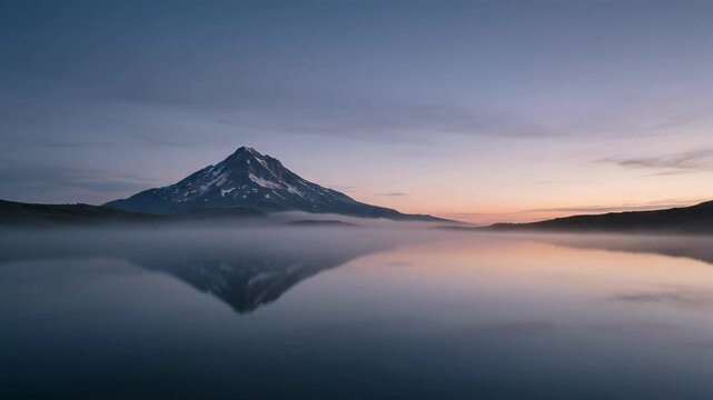 Snow-capped mountain reflected in calm lake at sunrise with mist