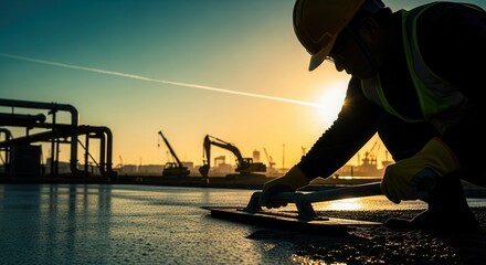 Fototapeta premium Construction Worker Resurfaces Ground At Sunset