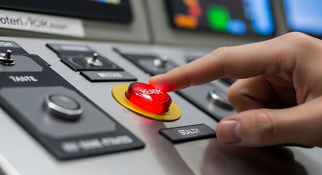 Hand pressing red emergency stop button.