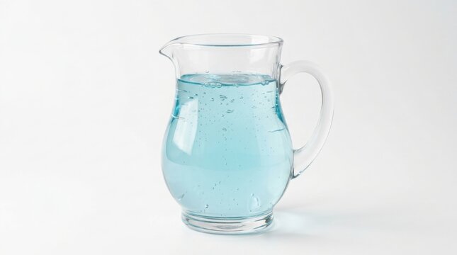 Glass pitcher with blue water. Transparent carafe filled with refreshing liquid beverage.