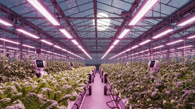 Robotic Arms Harvest Tomatoes Inside Modern Greenhouse Using LED Lighting