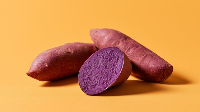 Ube Sweet Potato Whole and Cut on Warm Yellow Orange Background with Copy Space, Minimal Modern Design