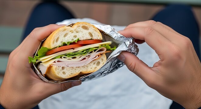 Close up of person holding a delicious sandwich.