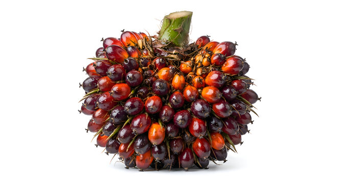 A hyper-realistic, hyper-detailed, ultra-sharp close-up of a fresh oil palm fruit bunch