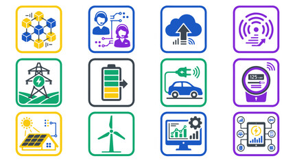 Fototapeta premium Set of Twelve Flat Vector Icons Representing Energy Technology and Smart Infrastructure
