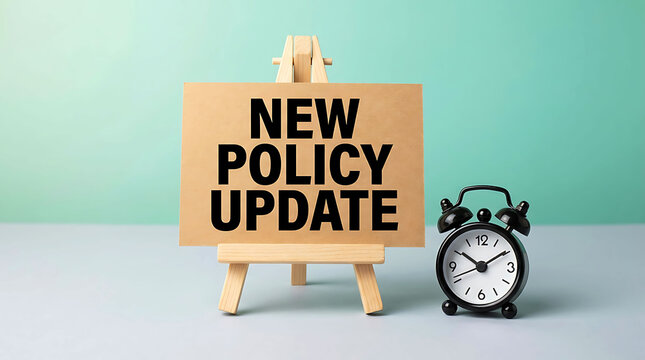 New policy update sign board with alarm clock on desk business concept