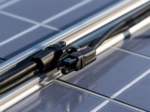 Black MC4 solar connector pair joined on a run of panel wiring showing details of solar installation
