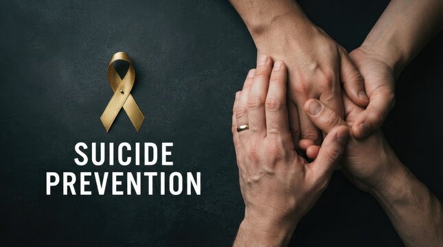 Hands held together with a yellow ribbon for suicide prevention awareness in support of world mental health day to promote emotional healing and community mental wellness