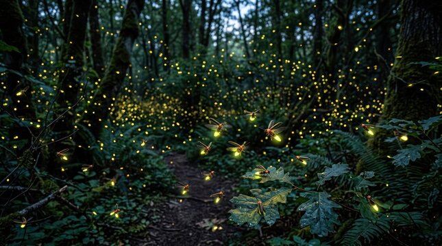 Enchanted forest at night with fireflies