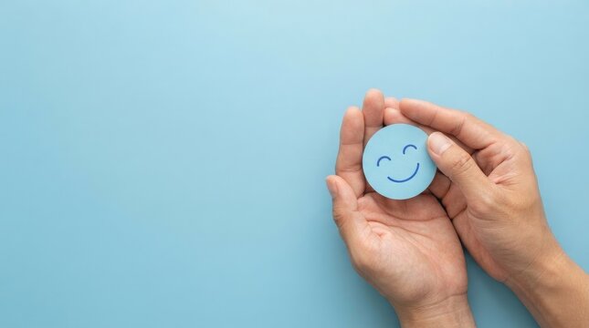 Hands holding a small blue circle with a happy smiley face icon on a light blue background for the annual world mental health day observance
