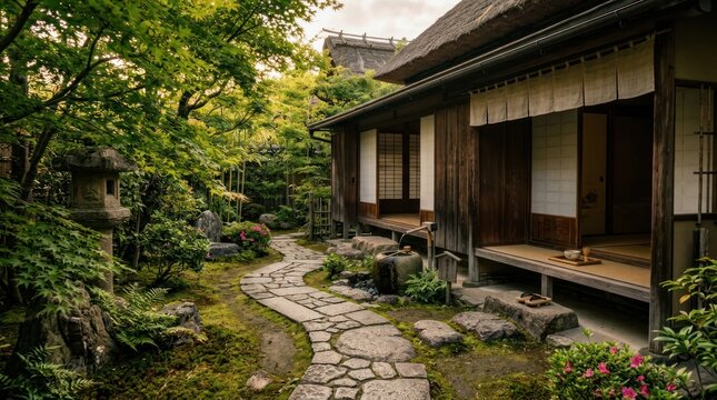 Tranquil japanese garden path leading to traditional house