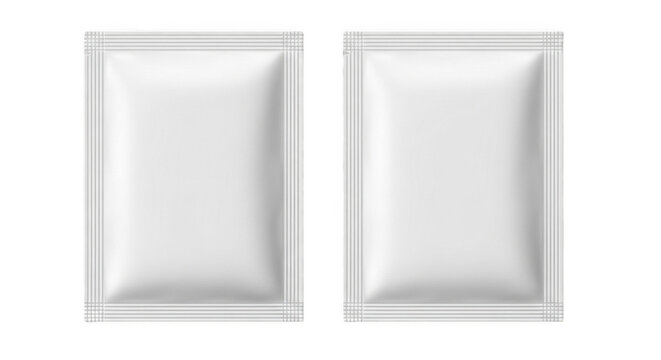 Two blank white sachet packets for food or cosmetic product isolated on transparent background