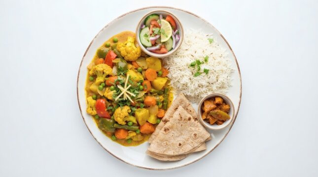 Top Down Food Photography Colorful Mixed Vegetable Curry White Plate

