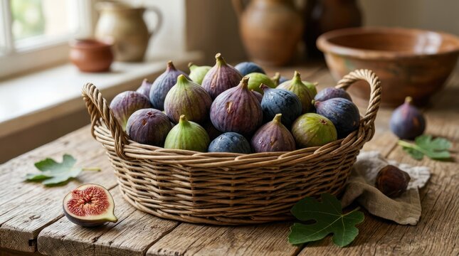 Basket of fresh figs on wooden surface