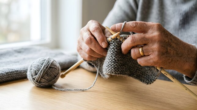 Elderly woman hands knitting gray wool scarf by a window at home