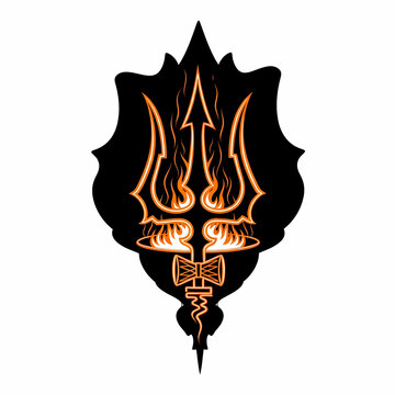Trishula symbol with fire and damaru drum illustration
