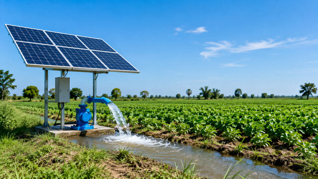 Solar powered water pump irrigating farm field