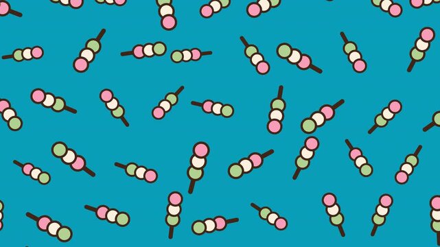 Colorful Japanese dango dumplings on skewers falling against a solid teal background in a seamless loop animation.