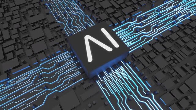 3D AI microchip processor on circuit board background, futuristic artificial intelligence quantum computing technology concept