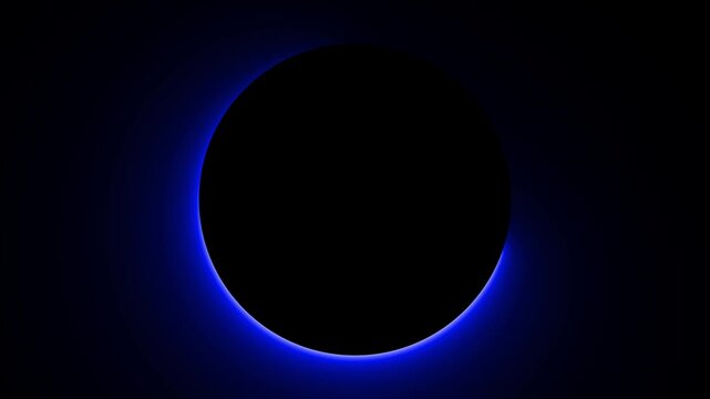 A solid black circle centered on a dark background featuring a vibrant glowing blue neon light ring effect surrounding the perimeter of the shape