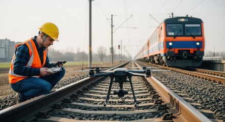 Naklejka premium Drone operator inspecting railway tracks with a train approaching, showcasing advanced inspection technology