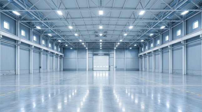 Modern spacious empty warehouse interior with polished concrete floor and bright LED lighting under steel roof structure suitable for industrial logistics or storage distribution center