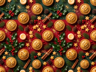 Fototapeta premium Seamless christmas pattern featuring festive pies pine cones and berries.
