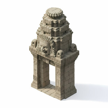 Ancient stone temple gate with carved demon face