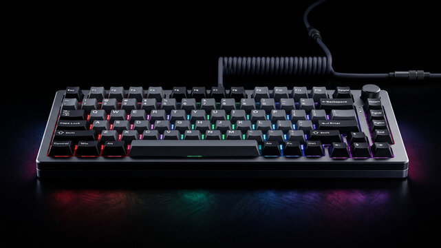 Mechanical RGB backlit gaming keyboard illuminated in dark environment close up