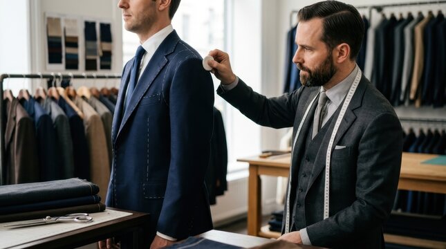 Professional male tailor meticulously adjusting a bespoke blue suit jacket on a client in a luxury boutique, showcasing precision craftsmanship for premium menswear and elegant sartorial fashion