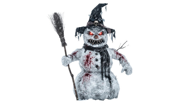 Creepy evil snowman with glowing red eyes and broom
