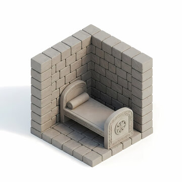 Isometric stone cell with a medieval bed