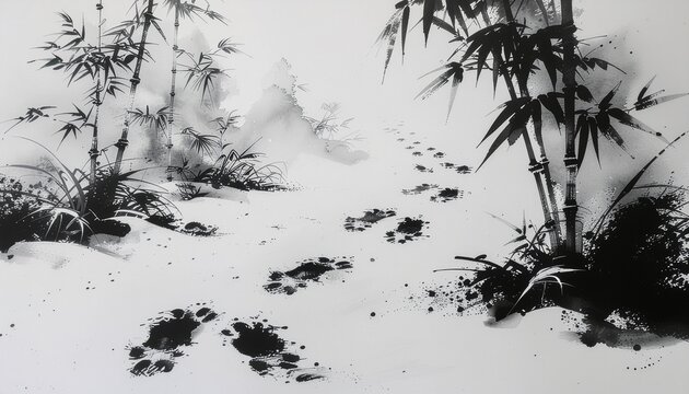 Rabbit tracks illustration in ink wash style. Traditional sumi-e painting of bamboo forest.