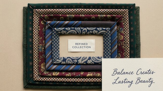 Sophisticated layered textile frames crafted from premium necktie fabrics with paisley floral and geometric patterns featuring a refined collection label and an inspiring handwritten card message text