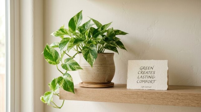 Vibrant epipremnum aureum pothos plant in a beige ceramic pot on a rustic wooden shelf beside a white quote card with elegant text, creating a peaceful and minimalist atmosphere for a cozy