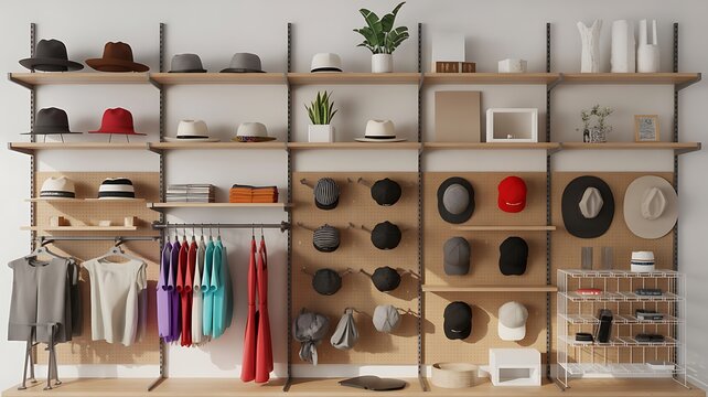 Modern Retail Boutique Wall Display Featuring Organized Clothing Hats and Stylish Accessories