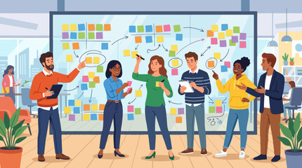 Fototapeta premium 2D Flat Vector Diverse team collaborating on a project using a sticky note board