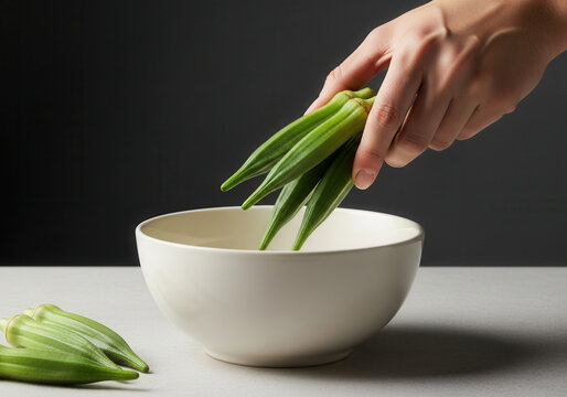Fresh Okra Being Added To A White Bowl For Preparation
