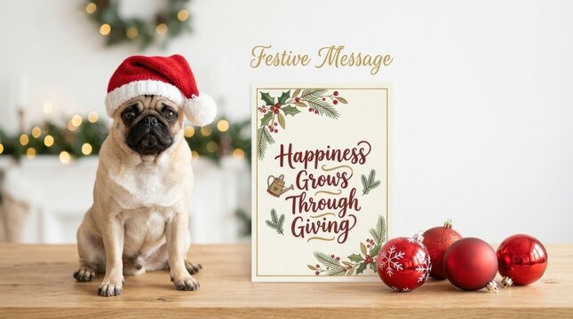 Cute pug dog wearing Santa hat sits by a Christmas card on a wooden table with red ornaments and festive lights background ideal for holiday greetings and seasonal cheer representing the joy of giving