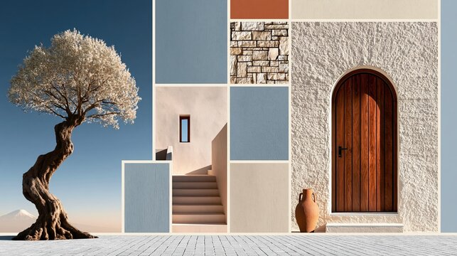 Architectural mood board with Mediterranean building facade? arched wood door and lone tree