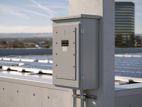 Grey rapid shutdown disconnect box mounted beside rooftop solar array in city setting during daytime