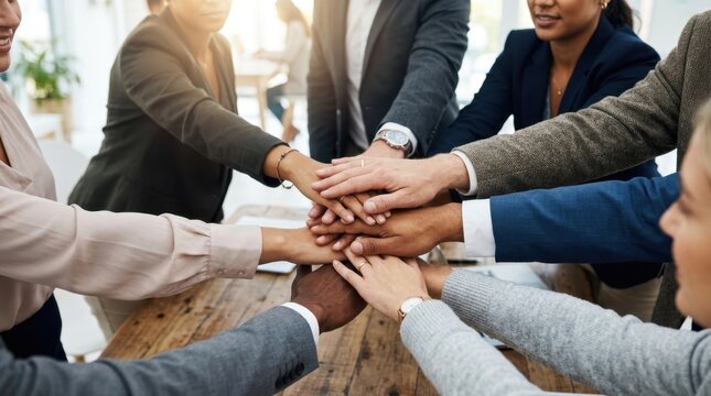 Diverse professional team members joining their hands together in a central huddle over a rustic wooden desk representing unity and successful collaboration within a modern corporate office