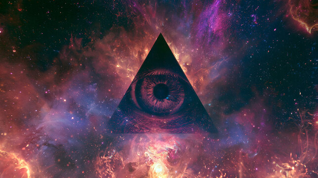 The Eye of Providence in cosmic space, a symbol of the Illuminati, within an abstract concept of the deep cosmos, animated in a looping background