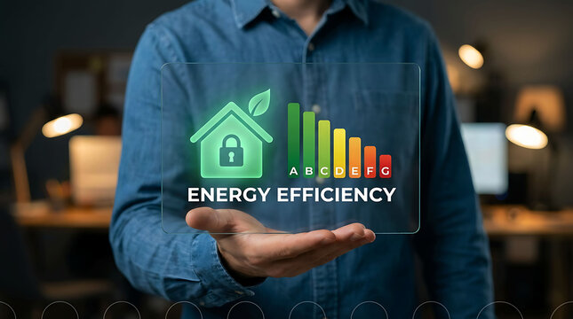 Man holding energy efficiency icon green home rating scale smart house